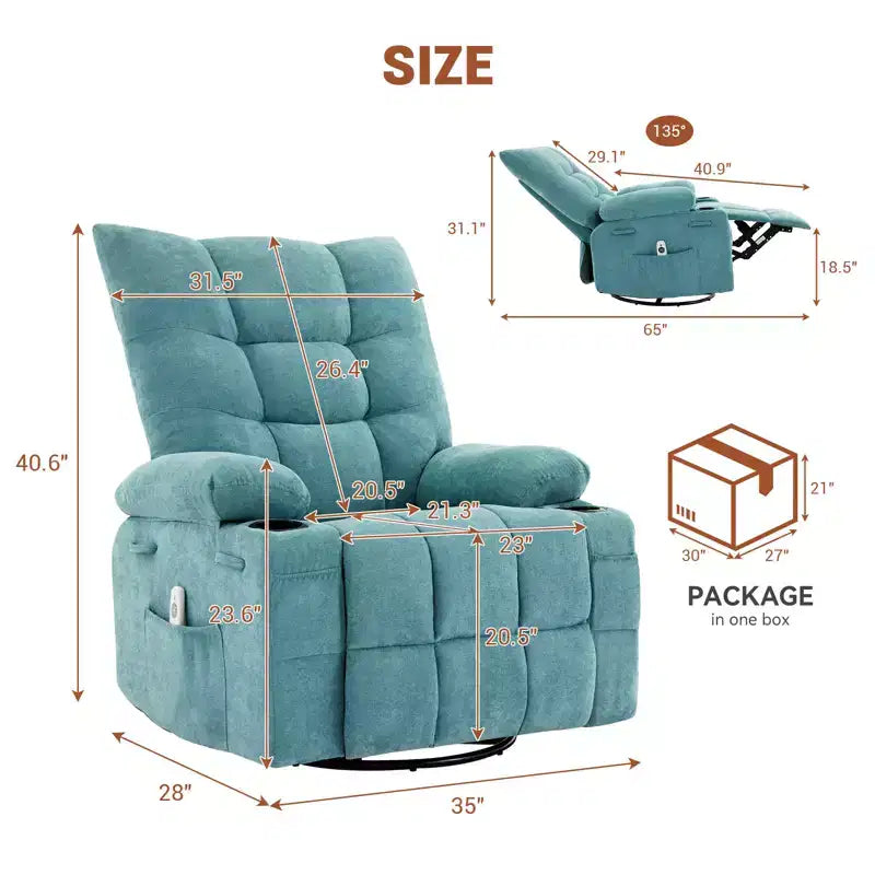 Poltrona reclinabile a dondolo girevole con funzione riscaldante e massaggiante - Recliner a dondolo a 360° con portabicchieri e tasca laterale - Divano singolo ergonomico, blu