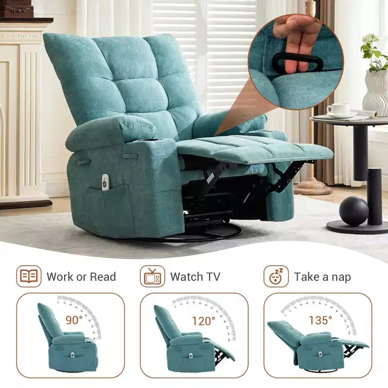 Poltrona reclinabile a dondolo girevole con funzione riscaldante e massaggiante - Recliner a dondolo a 360° con portabicchieri e tasca laterale - Divano singolo ergonomico, blu