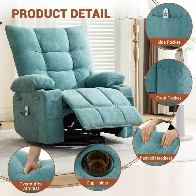 Poltrona reclinabile a dondolo girevole con funzione riscaldante e massaggiante - Recliner a dondolo a 360° con portabicchieri e tasca laterale - Divano singolo ergonomico, blu