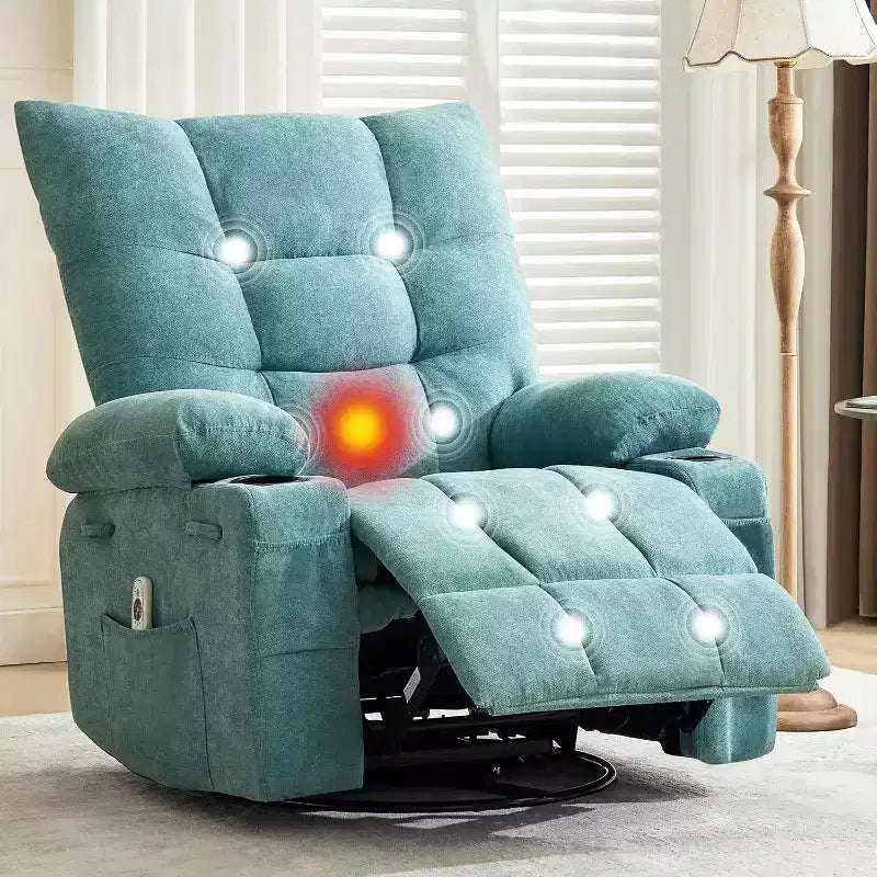 Poltrona reclinabile a dondolo girevole con funzione riscaldante e massaggiante - Recliner a dondolo a 360° con portabicchieri e tasca laterale - Divano singolo ergonomico, blu
