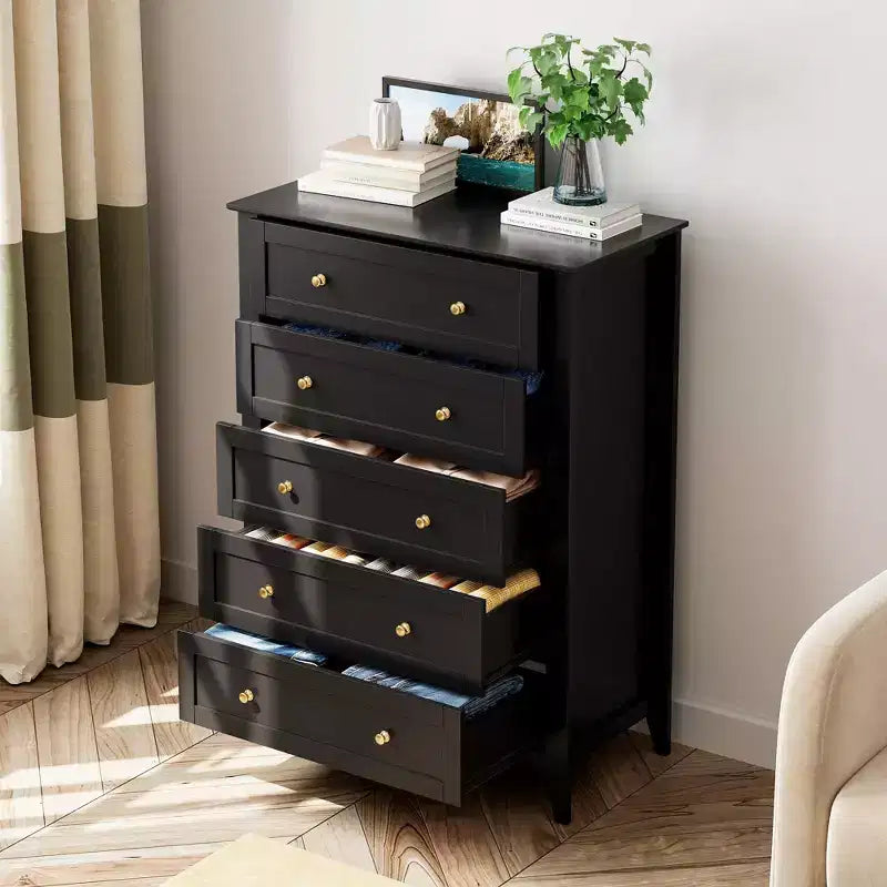 Comò alto a 5 cassetti con cassetti profondi, manopole in metallo, cassettiera moderna in legno per camera da letto, ingresso, corridoio