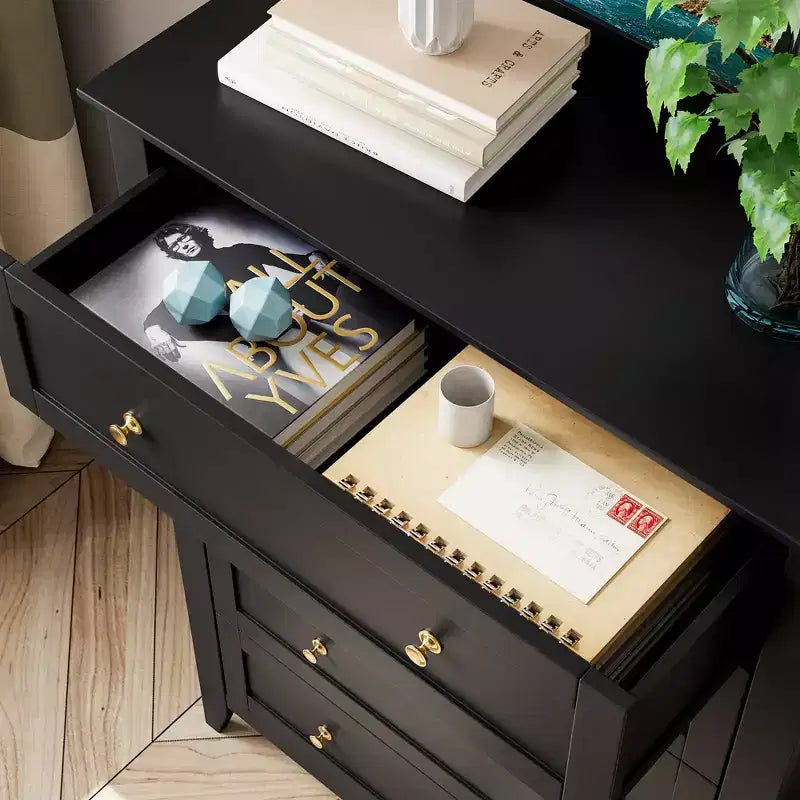 Comò alto a 5 cassetti con cassetti profondi, manopole in metallo, cassettiera moderna in legno per camera da letto, ingresso, corridoio