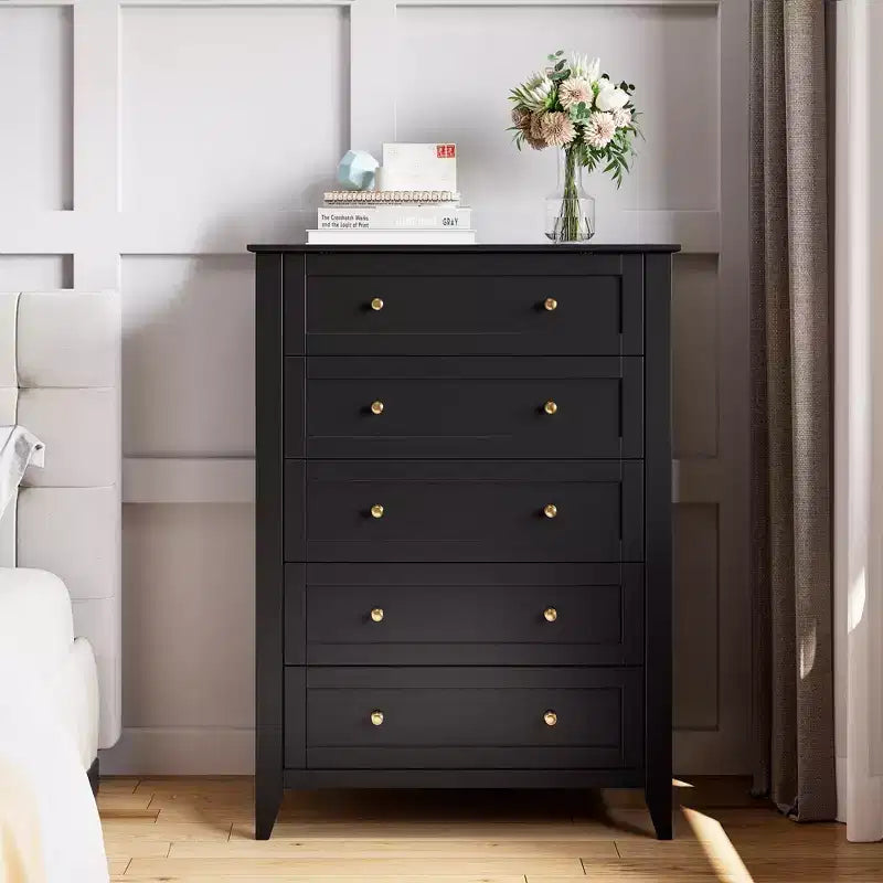 Comò alto a 5 cassetti con cassetti profondi, manopole in metallo, cassettiera moderna in legno per camera da letto, ingresso, corridoio