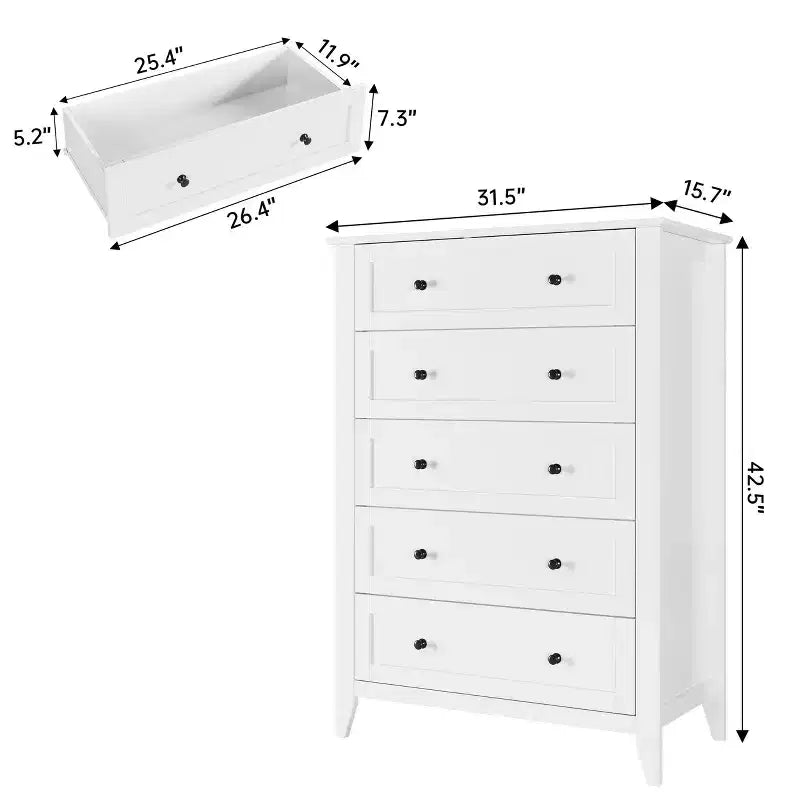 Comò alto a 5 cassetti con cassetti profondi, manopole in metallo, cassettiera moderna in legno per camera da letto, ingresso, corridoio