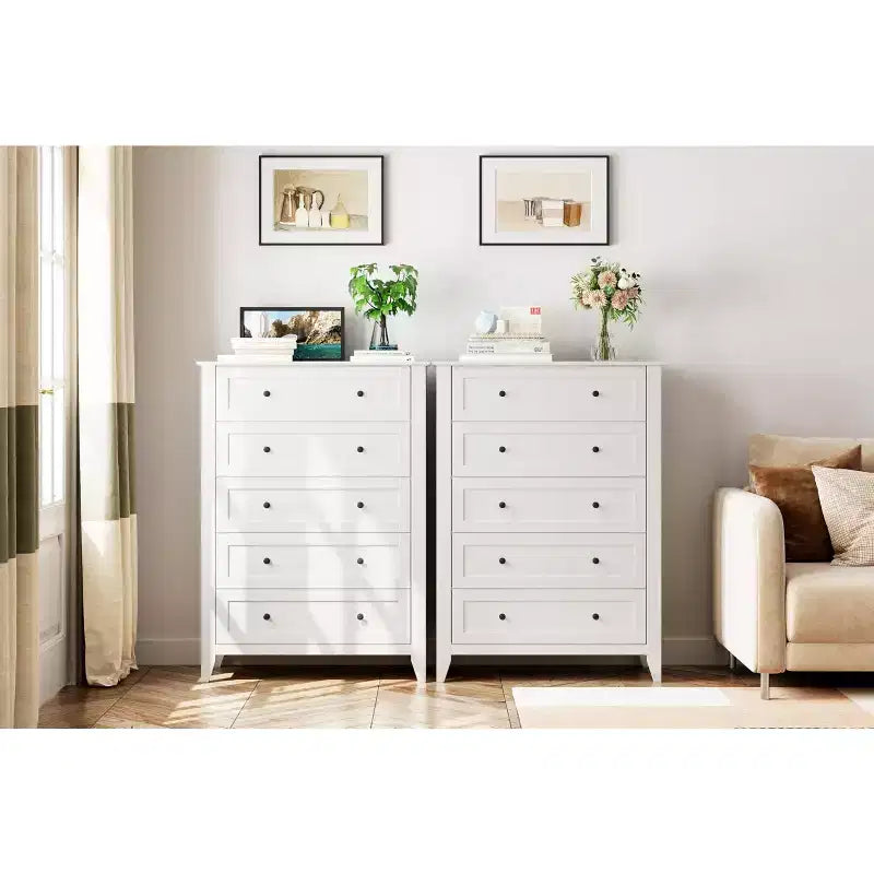Comò alto a 5 cassetti con cassetti profondi, manopole in metallo, cassettiera moderna in legno per camera da letto, ingresso, corridoio