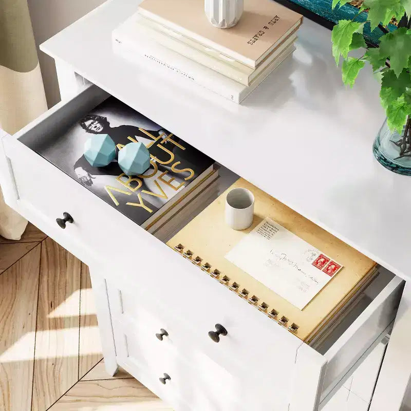 Comò alto a 5 cassetti con cassetti profondi, manopole in metallo, cassettiera moderna in legno per camera da letto, ingresso, corridoio
