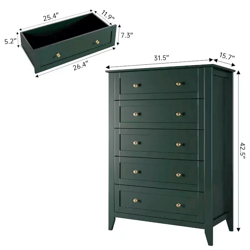 Comò alto a 5 cassetti con cassetti profondi, manopole in metallo, cassettiera moderna in legno per camera da letto, ingresso, corridoio