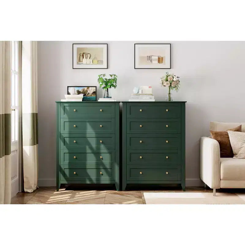 Comò alto a 5 cassetti con cassetti profondi, manopole in metallo, cassettiera moderna in legno per camera da letto, ingresso, corridoio