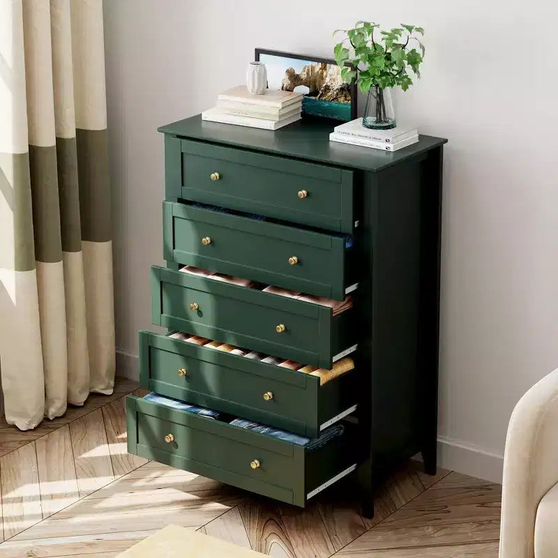 Comò alto a 5 cassetti con cassetti profondi, manopole in metallo, cassettiera moderna in legno per camera da letto, ingresso, corridoio