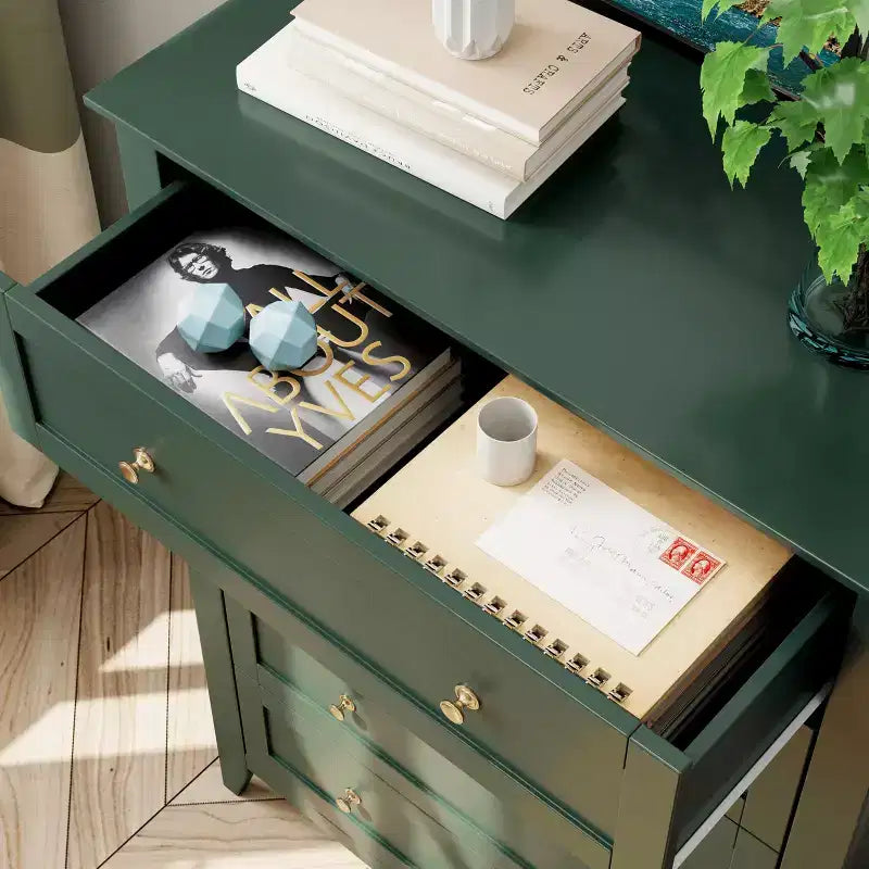 Comò alto a 5 cassetti con cassetti profondi, manopole in metallo, cassettiera moderna in legno per camera da letto, ingresso, corridoio