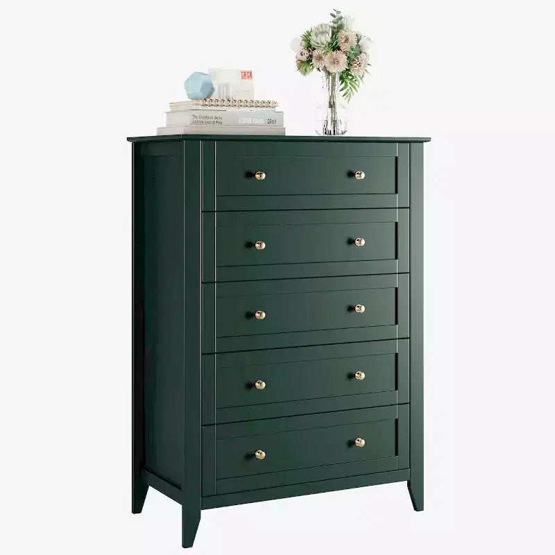 Comò alto a 5 cassetti con cassetti profondi, manopole in metallo, cassettiera moderna in legno per camera da letto, ingresso, corridoio