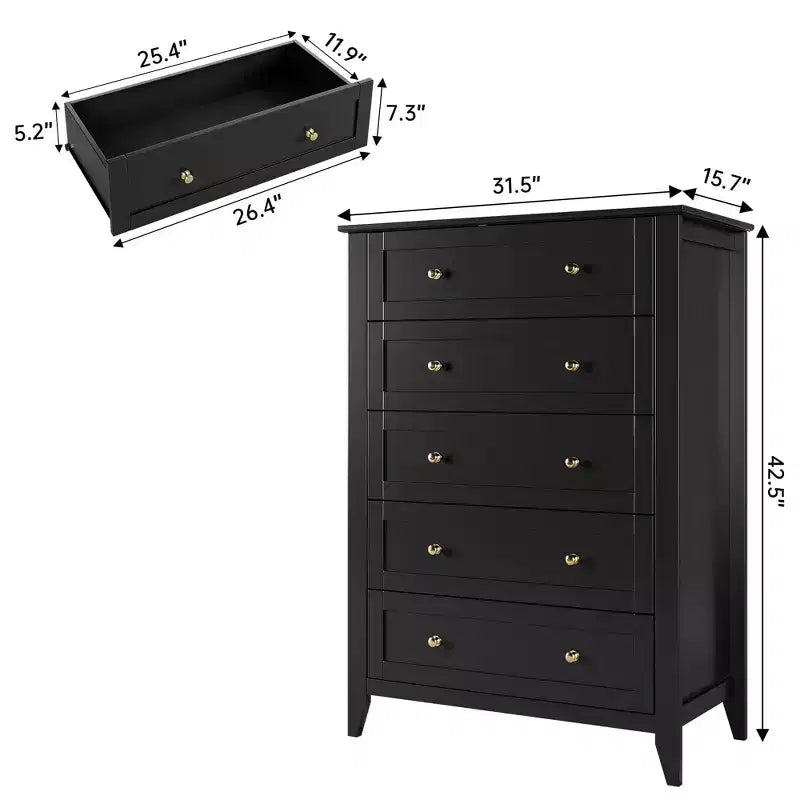 Comò alto a 5 cassetti con cassetti profondi, manopole in metallo, cassettiera moderna in legno per camera da letto, ingresso, corridoio