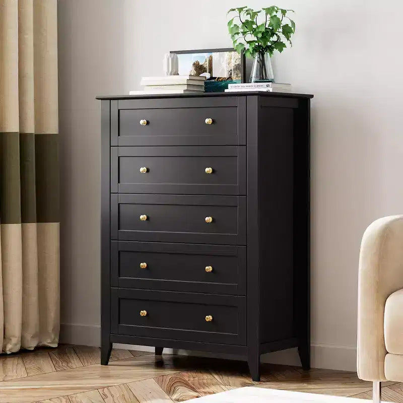 Comò alto a 5 cassetti con cassetti profondi, manopole in metallo, cassettiera moderna in legno per camera da letto, ingresso, corridoio