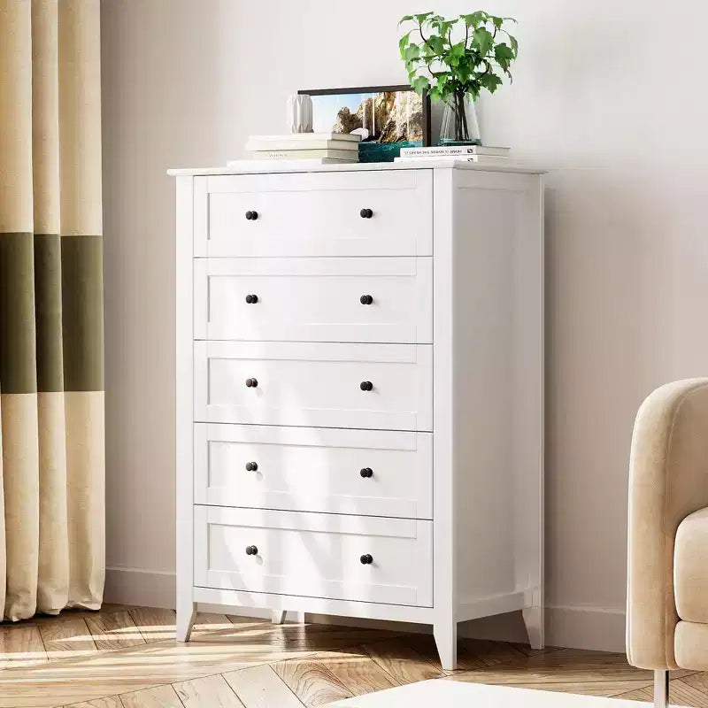 Comò alto a 5 cassetti con cassetti profondi, manopole in metallo, cassettiera moderna in legno per camera da letto, ingresso, corridoio