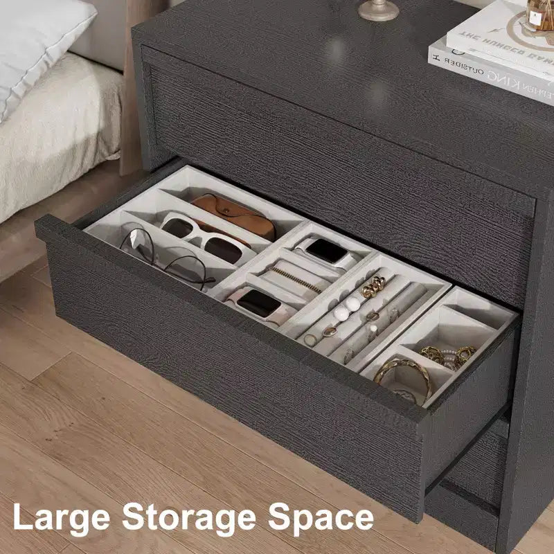 Comodino a 3 cassetti, comodino moderno alto 76 cm con ampio spazio contenitivo e design antiribaltamento, tavolino piccolo per camera da letto, soggiorno, ingresso