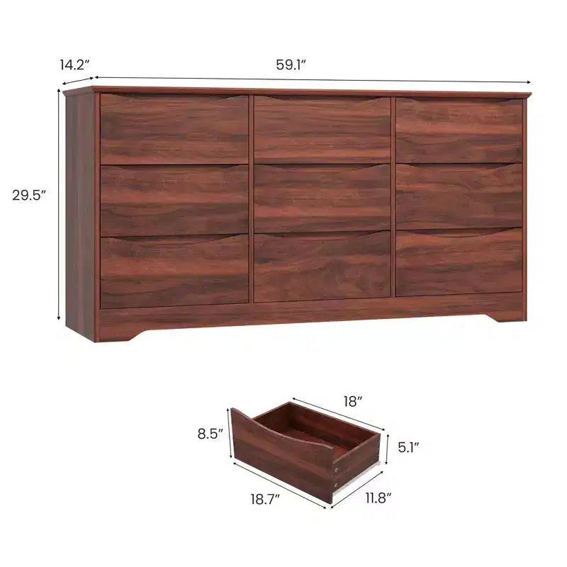 Comò moderno in legno a 9 cassetti - 150 cm di larghezza, contenitore profondo, design robusto per camera da letto e soggiorno
