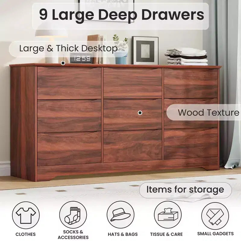 Comò moderno in legno a 9 cassetti - 150 cm di larghezza, contenitore profondo, design robusto per camera da letto e soggiorno