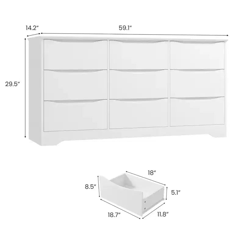 Comò moderno in legno a 9 cassetti - 150 cm di larghezza, contenitore profondo, design robusto per camera da letto e soggiorno