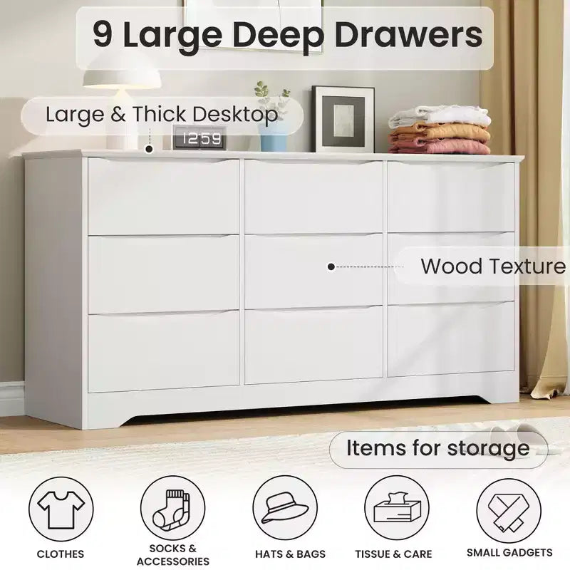 Comò moderno in legno a 9 cassetti - 150 cm di larghezza, contenitore profondo, design robusto per camera da letto e soggiorno