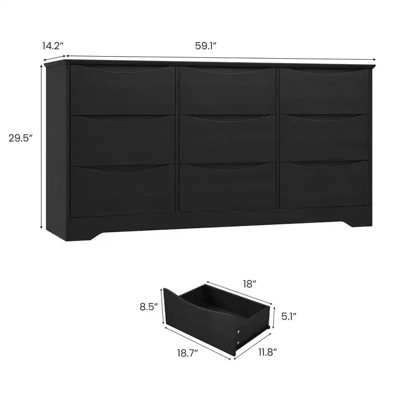 Comò moderno in legno a 9 cassetti - 150 cm di larghezza, contenitore profondo, design robusto per camera da letto e soggiorno