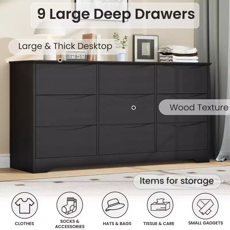 Comò moderno in legno a 9 cassetti - 150 cm di larghezza, contenitore profondo, design robusto per camera da letto e soggiorno