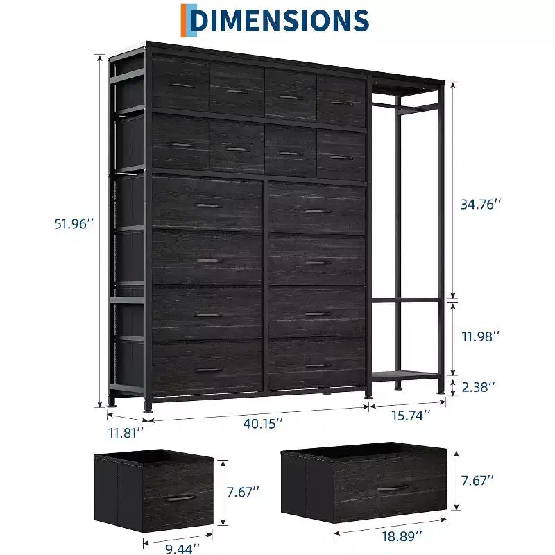 Scaffale appendiabiti a 16 cassetti con 2 ripiani, organizer autoportante alto per armadio, scaffale appendiabiti resistente per l'organizzazione e lo stoccaggio in camera da letto