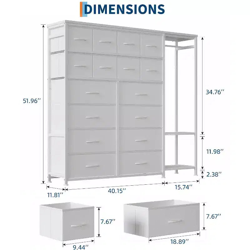 Scaffale appendiabiti a 16 cassetti con 2 ripiani, organizer autoportante alto per armadio, scaffale appendiabiti resistente per l'organizzazione e lo stoccaggio in camera da letto