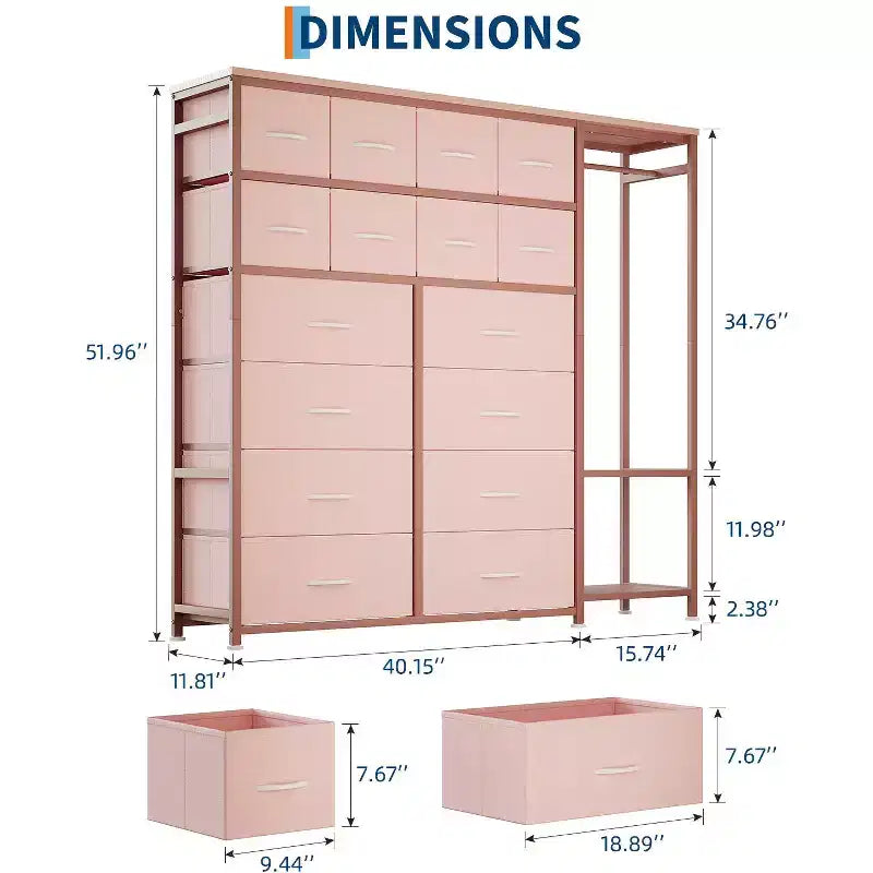 Scaffale appendiabiti a 16 cassetti con 2 ripiani, organizer autoportante alto per armadio, scaffale appendiabiti resistente per l'organizzazione e lo stoccaggio in camera da letto
