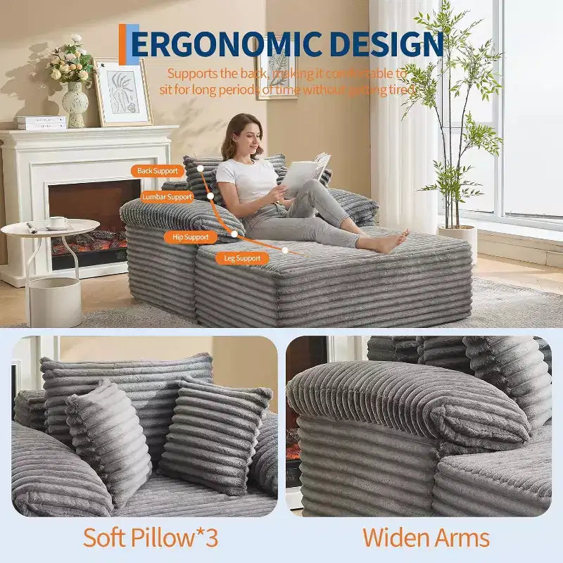 Divano Letto Chaise Longue Oversize, Divano Letto in Velluto a Coste con Cuscini e Braccioli Larghi per Soggiorno, Camera da Letto, Sala Cinema