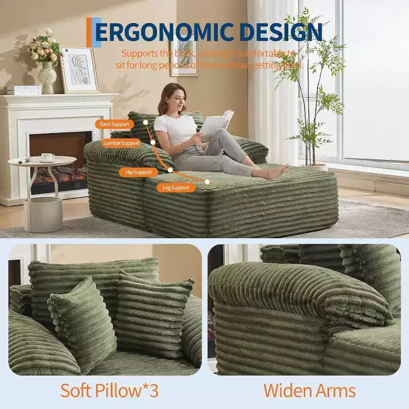 Divano Letto Chaise Longue Oversize, Divano Letto in Velluto a Coste con Cuscini e Braccioli Larghi per Soggiorno, Camera da Letto, Sala Cinema