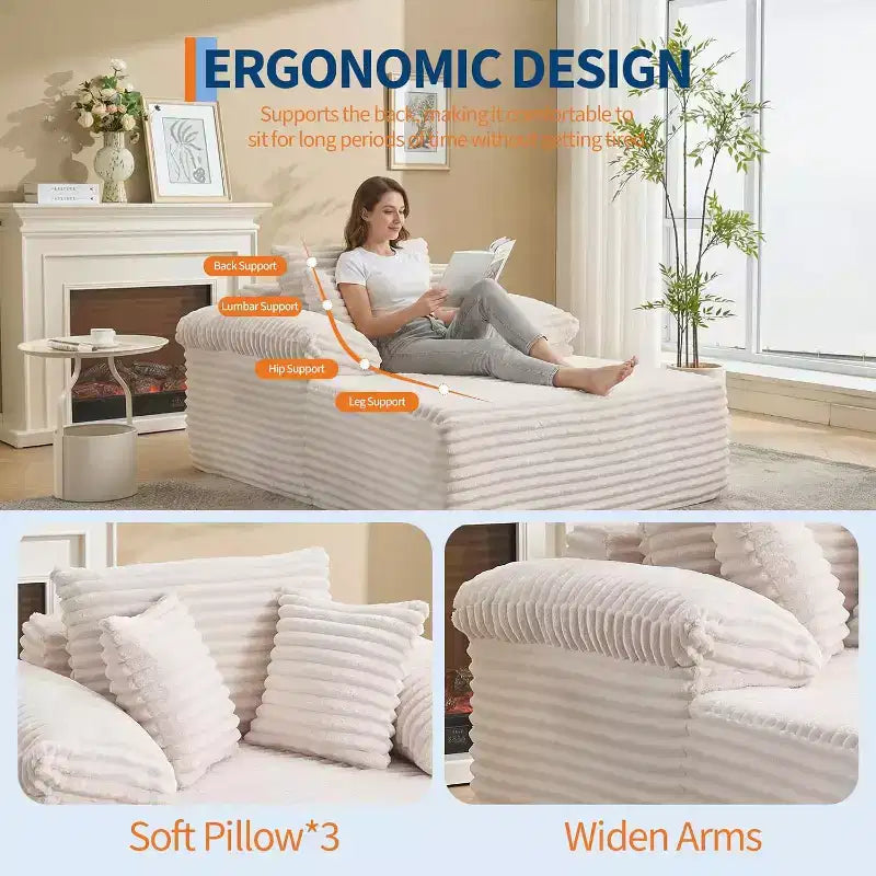Divano Letto Chaise Longue Oversize, Divano Letto in Velluto a Coste con Cuscini e Braccioli Larghi per Soggiorno, Camera da Letto, Sala Cinema