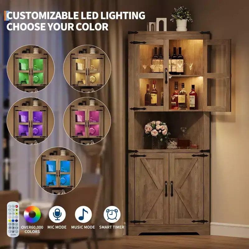 Mobile ad angolo alto da fattoria salvaspazio illuminato con ripiani regolabili, vetrina con anta in vetro per ingresso, soggiorno, cucina
