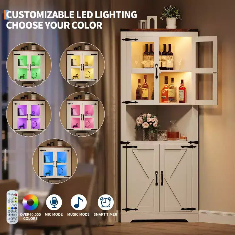 Mobile ad angolo alto da fattoria salvaspazio illuminato con ripiani regolabili, vetrina con anta in vetro per ingresso, soggiorno, cucina
