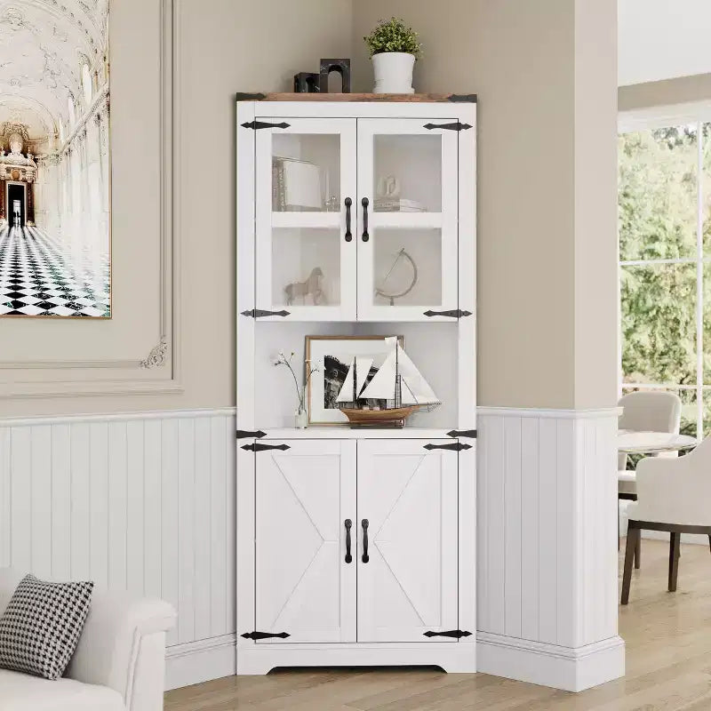 Mobile ad angolo alto da fattoria salvaspazio illuminato con ripiani regolabili, vetrina con anta in vetro per ingresso, soggiorno, cucina