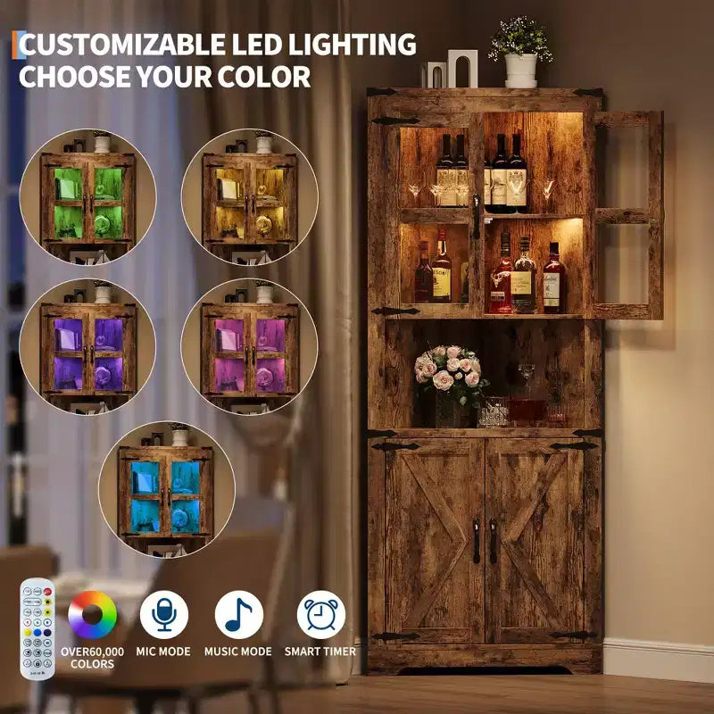 Mobile ad angolo alto da fattoria salvaspazio illuminato con ripiani regolabili, vetrina con anta in vetro per ingresso, soggiorno, cucina