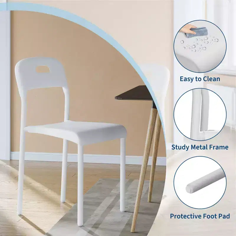 Sedie da pranzo, Sedie da cucina impilabili, Sedia da pranzo in plastica con gambe in metallo, Impermeabile e antimacchia, Per interni ed esterni, Bianco