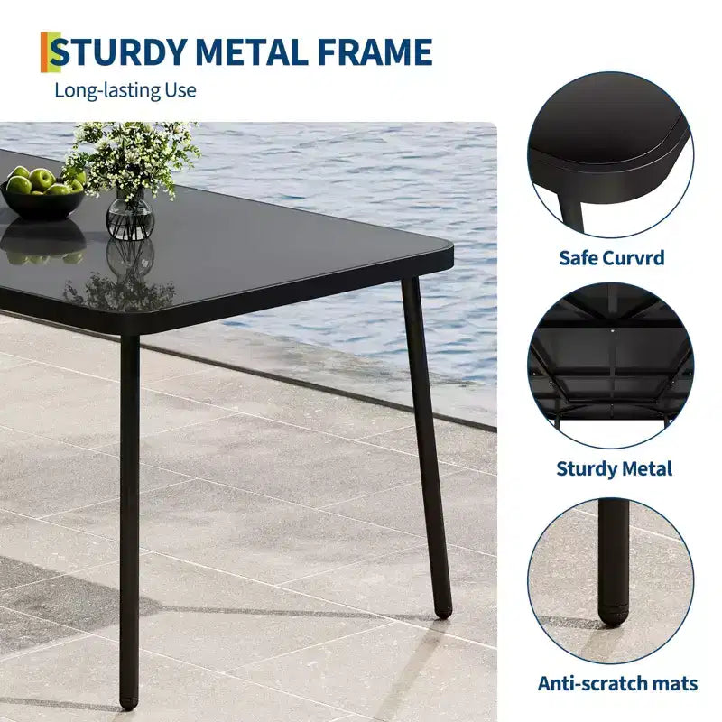 Set da pranzo da esterni 7 pezzi, tavolo con struttura in ferro 59x35 con piano in vetro temperato nero, 6 sedie in vimini PE resistenti alle intemperie con cuscini grigi