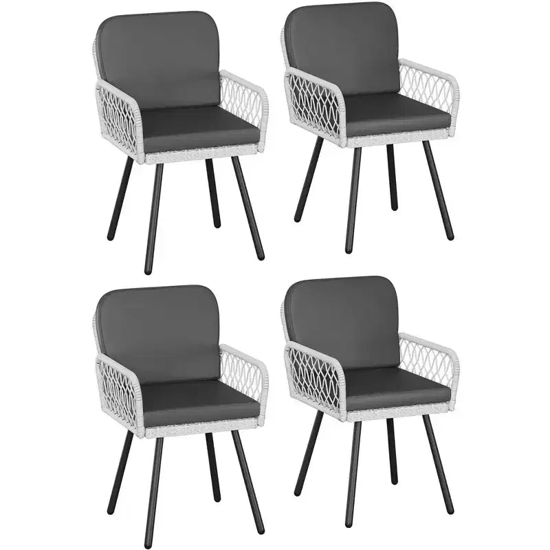 Set da pranzo da esterni 7 pezzi, tavolo con struttura in ferro 59x35 con piano in vetro temperato nero, 6 sedie in vimini PE resistenti alle intemperie con cuscini grigi