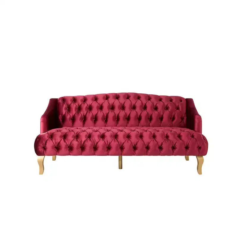 Divano Whisen in velluto stile Mid-Century Modern a 3 posti con bottoni trapuntati e gambe curve in legno