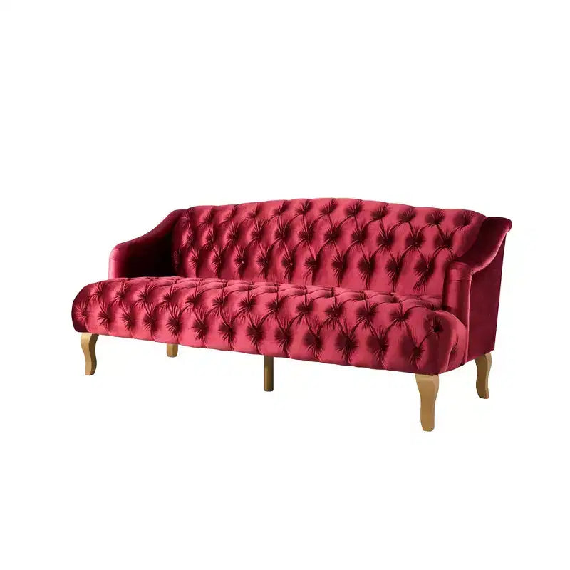 Divano Whisen in velluto stile Mid-Century Modern a 3 posti con bottoni trapuntati e gambe curve in legno