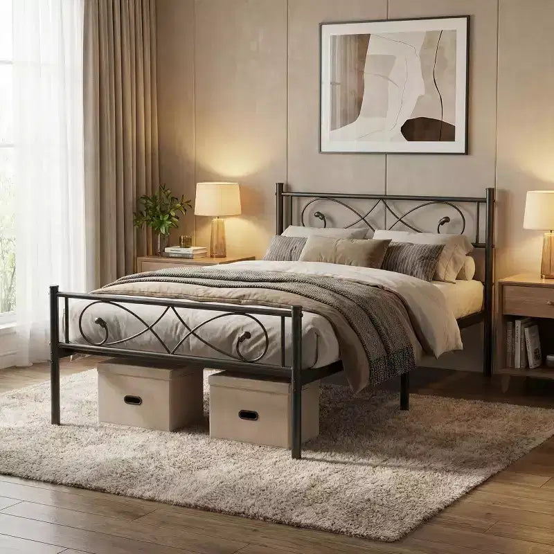 Twin Metal Platform Bed Frame with Artistic Fist Headboard & Footboard, Black Steel Bed Frame with Underbed Storage, No Box Spring Required