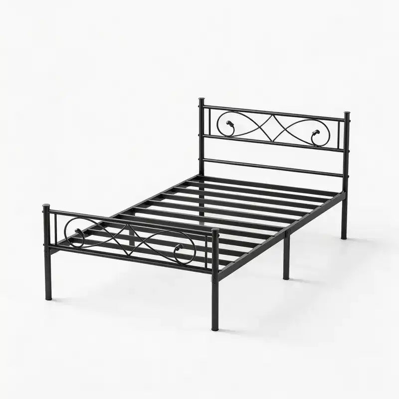 Struttura letto a piattaforma matrimoniale in metallo con testiera e pediera artistiche a pugno, struttura letto in acciaio nero con spazio sotto il letto, nessuna rete a molle richiesta