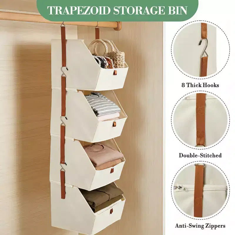 Organizzatore da Armadio Sospeso in Tessuto Non Tessuto a 4 Ripiani Confezione da 2 con Cesti Pieghevoli Mensole Salvaspazio per Camera da Letto Dormitorio Camper Beige Grigio