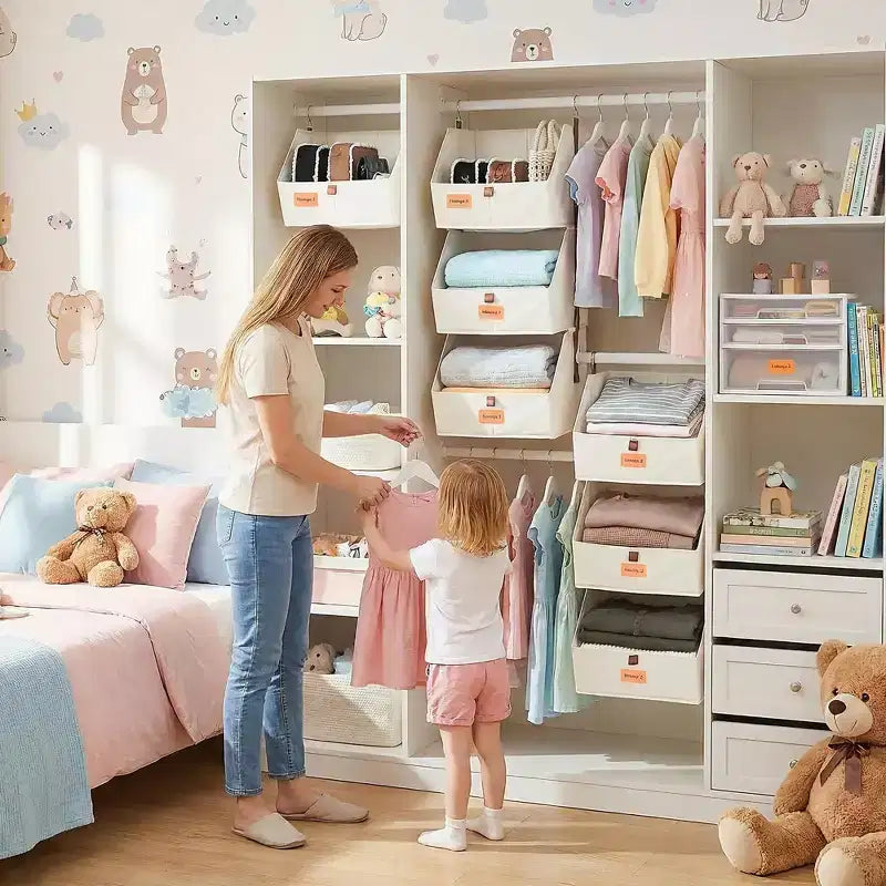 Organizzatore da Armadio Sospeso in Tessuto Non Tessuto a 4 Ripiani Confezione da 2 con Cesti Pieghevoli Mensole Salvaspazio per Camera da Letto Dormitorio Camper Beige Grigio