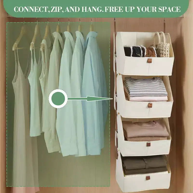 Organizzatore da Armadio Sospeso in Tessuto Non Tessuto a 4 Ripiani Confezione da 2 con Cesti Pieghevoli Mensole Salvaspazio per Camera da Letto Dormitorio Camper Beige Grigio