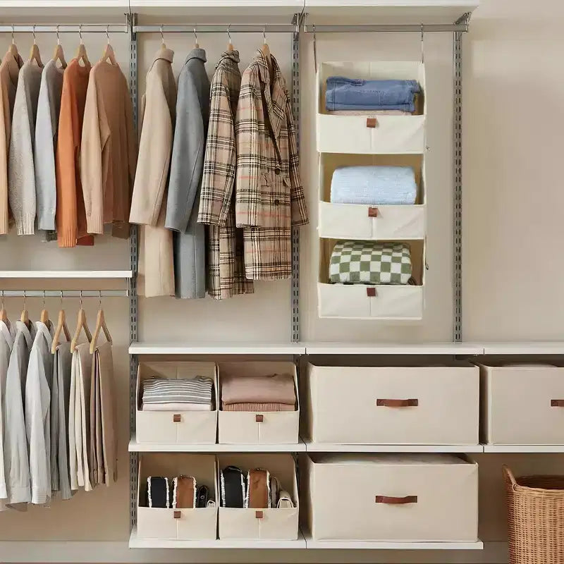 Organizzatore da Armadio Sospeso in Tessuto Non Tessuto a 4 Ripiani Confezione da 2 con Cesti Pieghevoli Mensole Salvaspazio per Camera da Letto Dormitorio Camper Beige Grigio