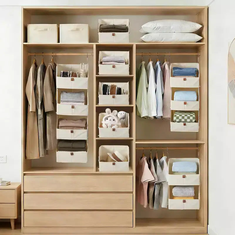 Organizzatore da Armadio Sospeso in Tessuto Non Tessuto a 4 Ripiani Confezione da 2 con Cesti Pieghevoli Mensole Salvaspazio per Camera da Letto Dormitorio Camper Beige Grigio