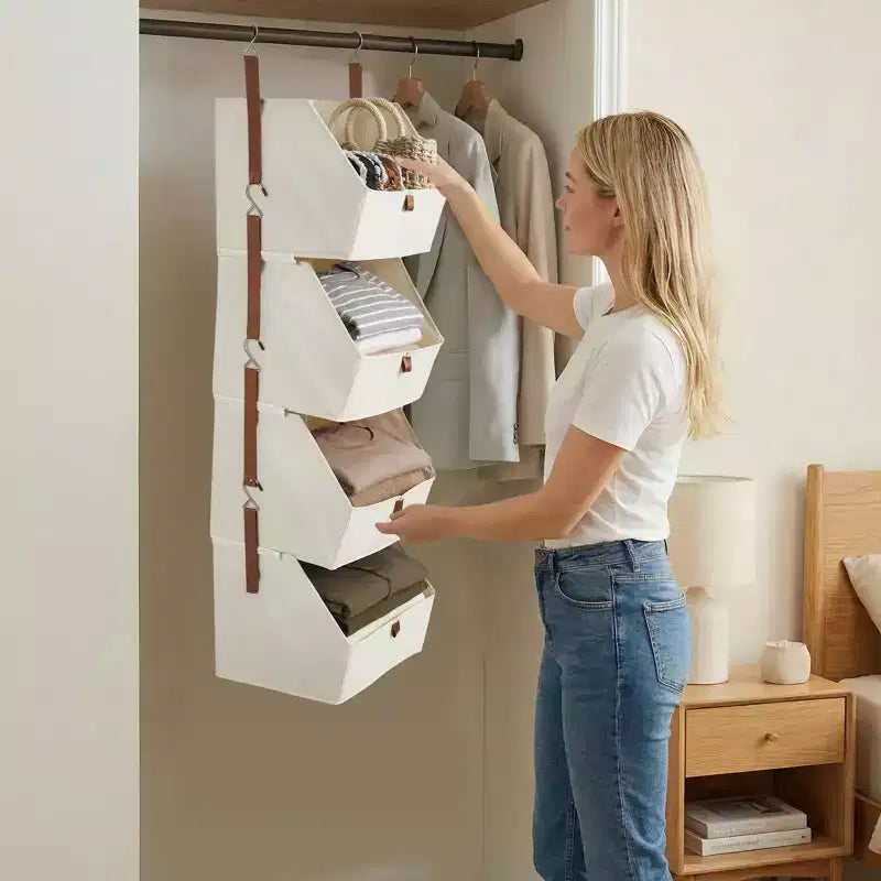 Organizzatore da Armadio Sospeso in Tessuto Non Tessuto a 4 Ripiani Confezione da 2 con Cesti Pieghevoli Mensole Salvaspazio per Camera da Letto Dormitorio Camper Beige Grigio
