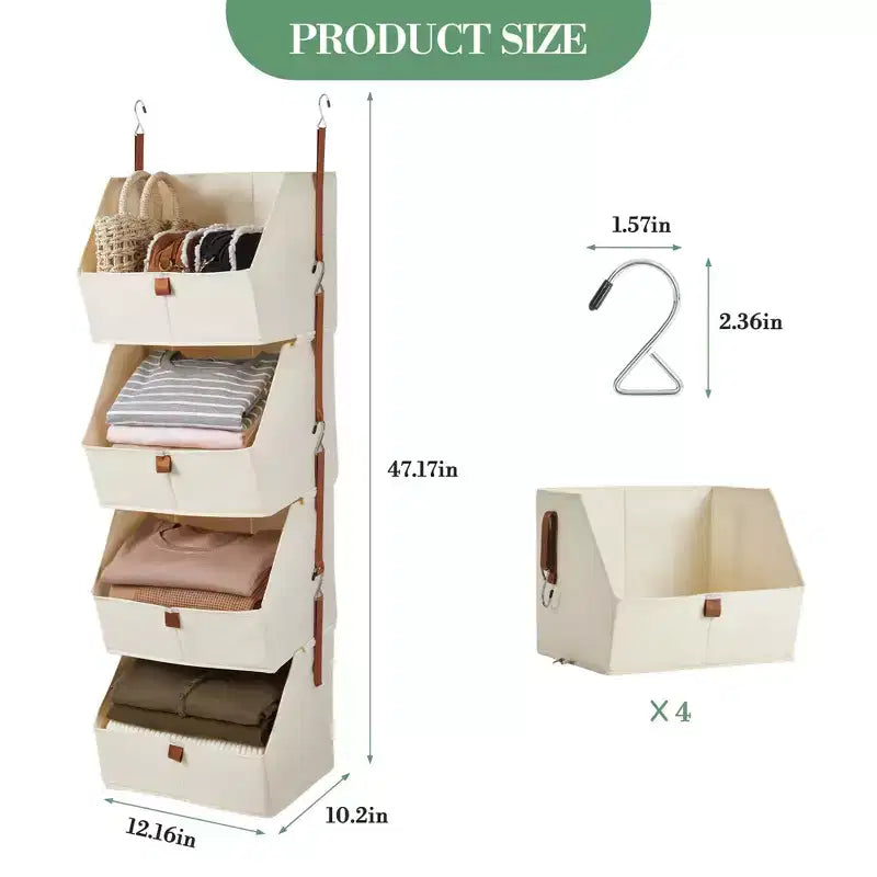 Organizzatore da Armadio Sospeso in Tessuto Non Tessuto a 4 Ripiani Confezione da 2 con Cesti Pieghevoli Mensole Salvaspazio per Camera da Letto Dormitorio Camper Beige Grigio
