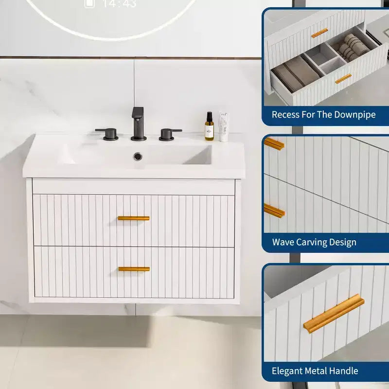 Mobile Bagno Sospeso 60/75 cm con Lavabo Mobiletto a Parete 2 Cassetti per Bagno